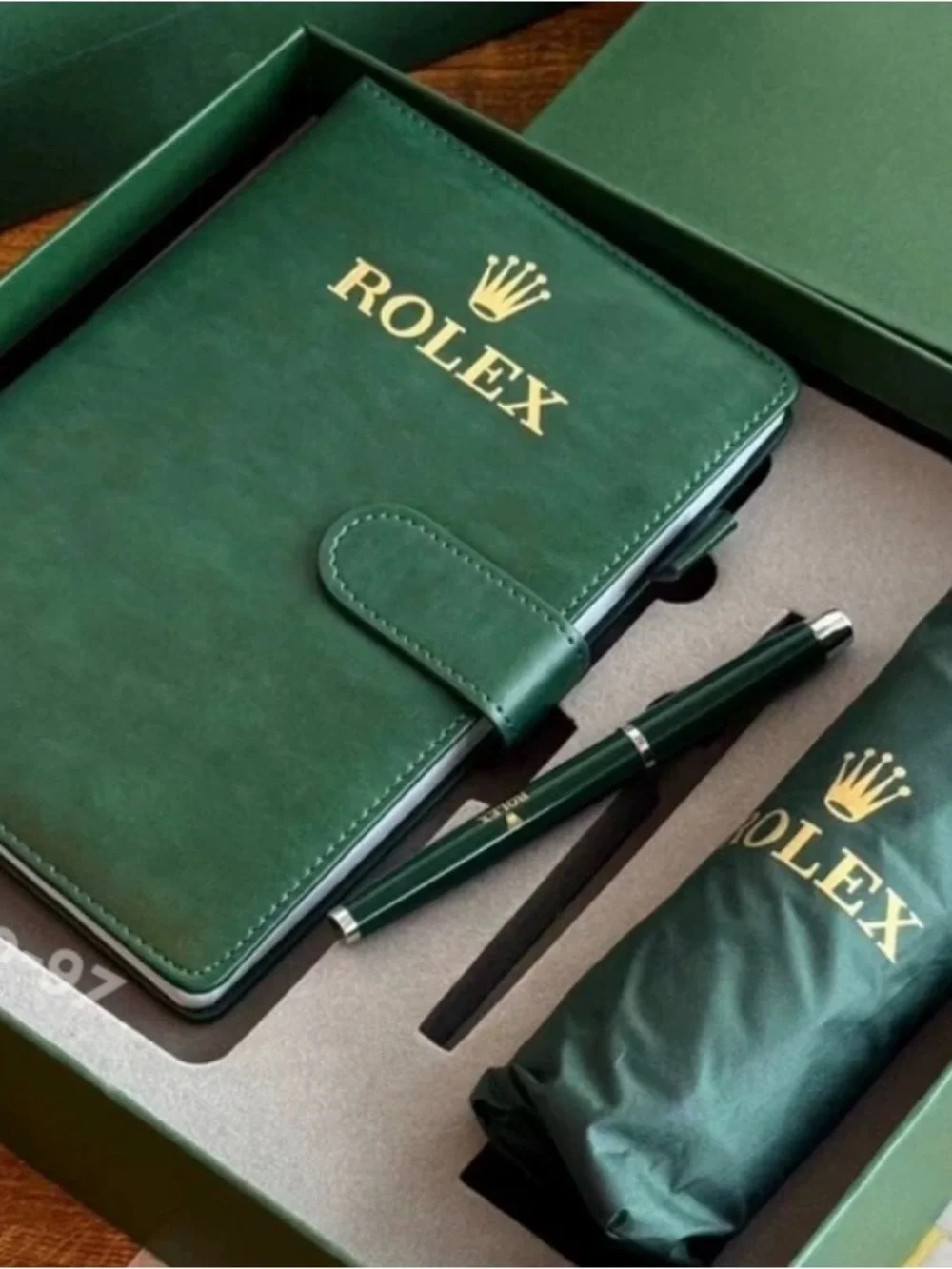Rolex Green Leather Notebook with Matching Pen and Logo
